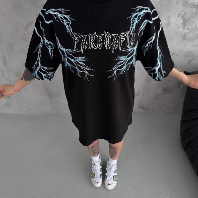 Kadın Bisiklet Yaka Yıldırım Baskılı  Kısa kol Oversize T-Shirt - Siyah